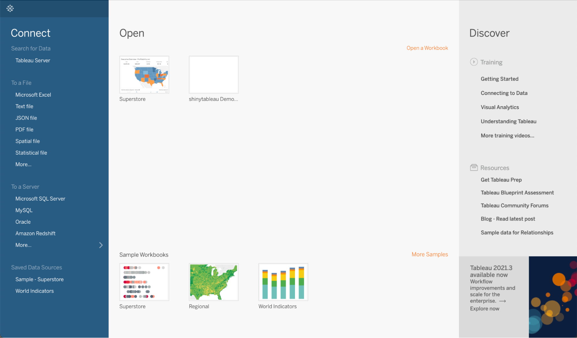 image_tooltip First page of Tableau where you can open the Superstore workbook